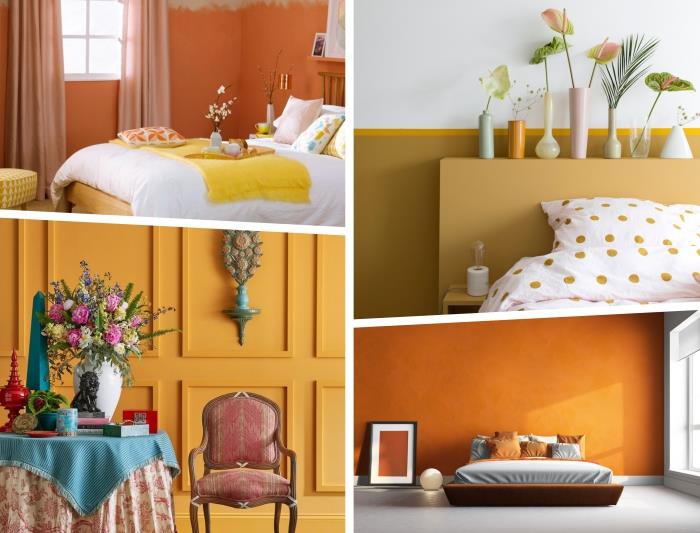 sovrumsfärgidéer 2019, exempel på tvåfärgad färg i senapsgult och vitt, sovrum med grå och orange väggar