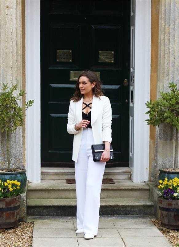 snygga kvinnors skräddarsydda byxor, vit och svart outfit för ceremoni, svart läderficka modell med silvermönster