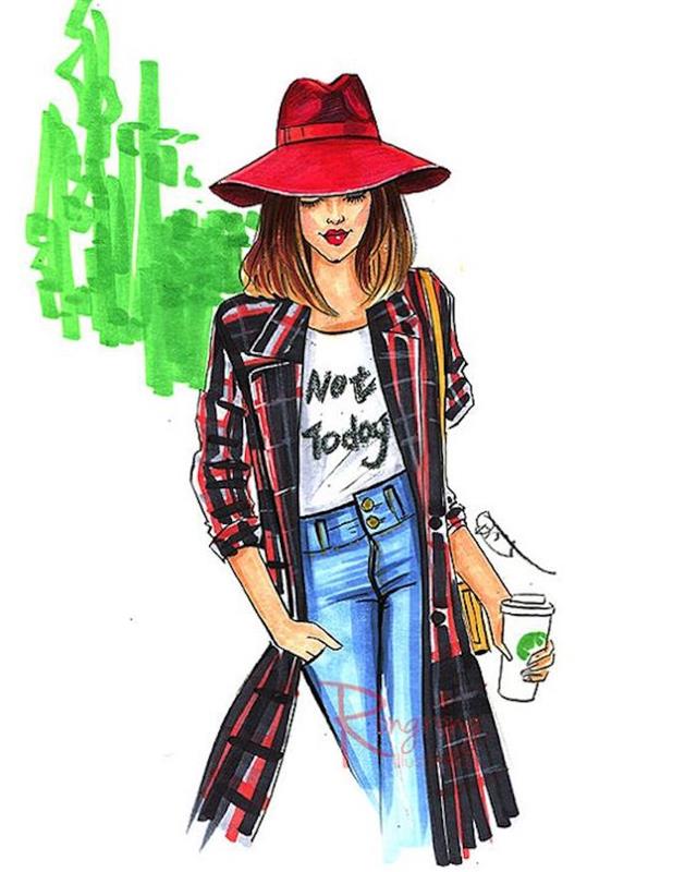 dievča v rifliach, bielej košeli, dlhom kabáte, červenom klobúku, v ruke drží šálku kávy, kreslí obrázky