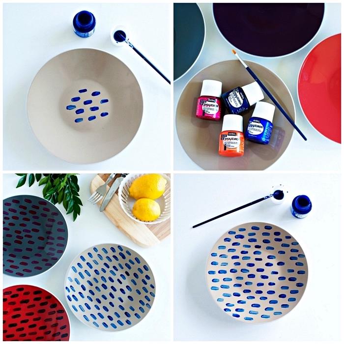 taniere zdobené nádychom modrej porcelánovej farby, personalizované taniere s moderným dizajnom