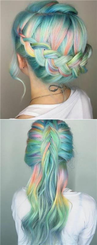 regnbågsfärgat hår, två flätade idéer, fläta krona och lös halv fläta, färgglad extravagant kvinna frisyr idé