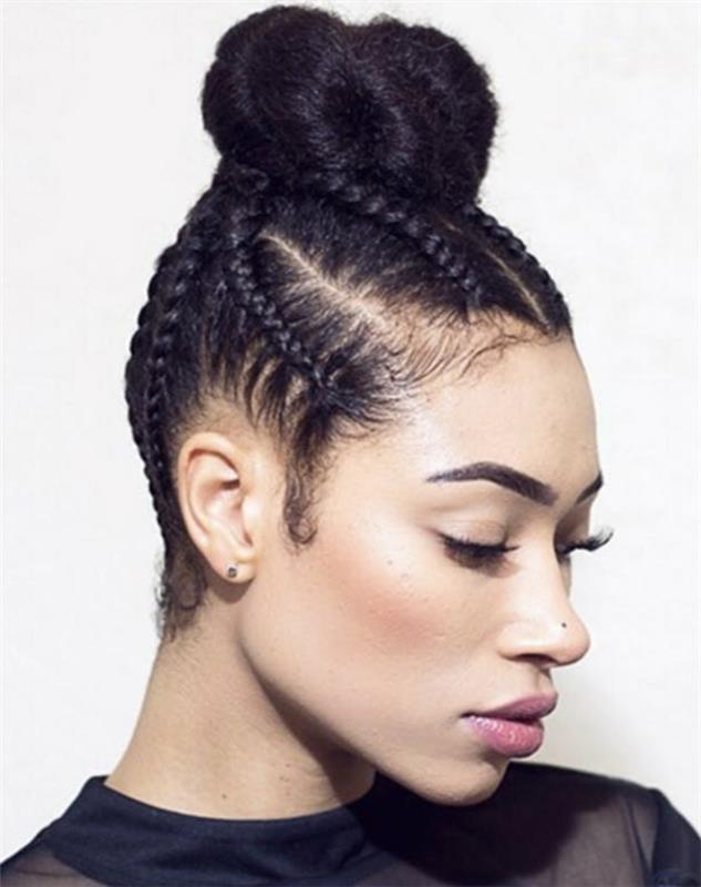Afrikansk fläta och bulle, frisyr för blandrasig frissig hårkvinna, pläterad fläta, svart outfit, modern kvinna