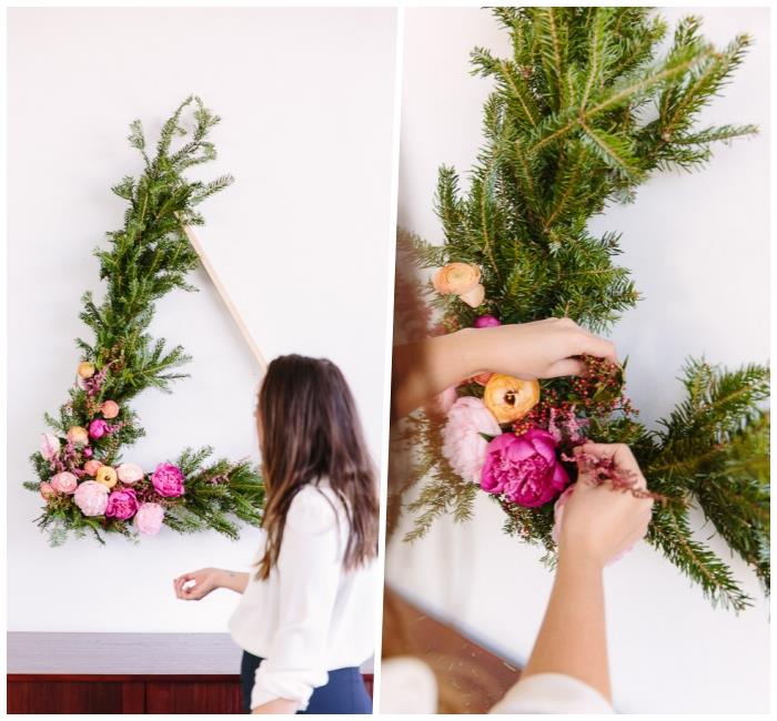 blommig triangel väggdekoration, DIY väggdekoration med lövverk och blommor