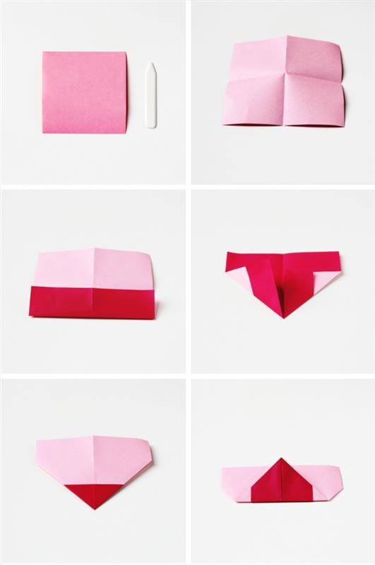 návod na skladanie papiera na výrobu záložky v tvare srdca origami, ľahký DIY nápad na Valentína