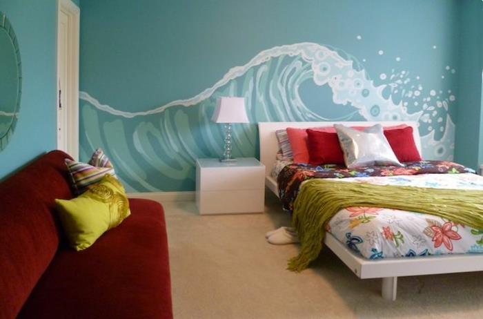 trompe-l-oeil-vägg-klistermärken-i-sovrummet-säng-färgade-sängkläder