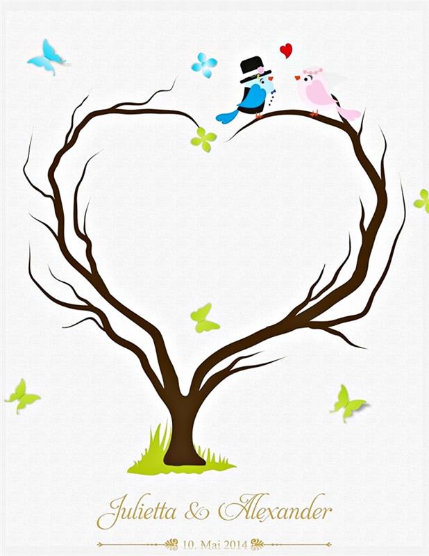 زوجان من الطيور في الحب وشجرة لها أغصان على شكل قلب كرمز للحب الأبدي
