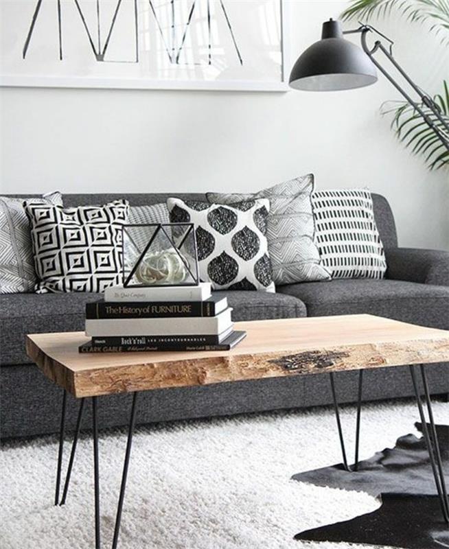 veľmi pekná sivá a biela obývačka-nápad-deko-obývačka-triezvy-škandinávsky štýl-obývačka-farba-biela-obývačka-a-sivá-sedačka-surový-drevený stôl