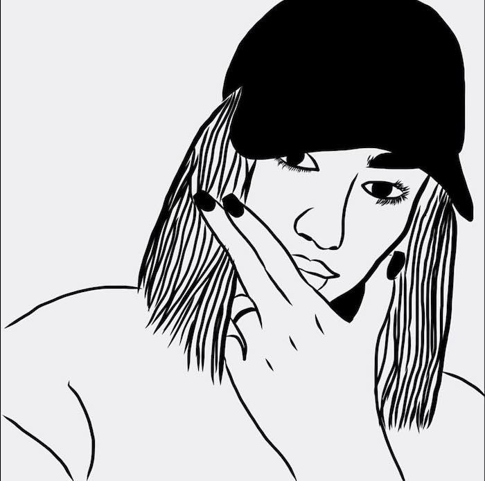 رسم بياني لفتاة الخطوط العريضة من صورة ، صورة ظلية امرأة بشعر مربع وقبعة سوداء