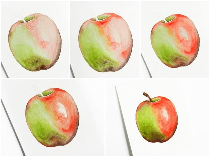 enkel teknik för att göra ett äpple i akvarell med ljusreflektioner, stilleben i akvarellmålning