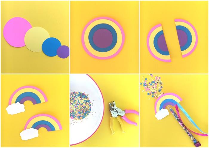 hur man gör en regnbågsstav fylld med konfetti, idé för en tjejs födelsedagsaktivitet