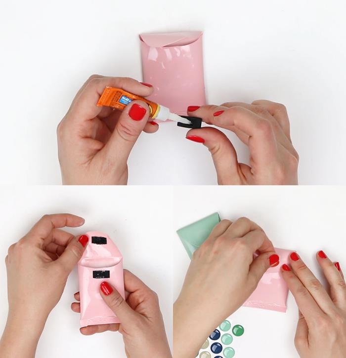 DIY handledning med återvunna plaströr i pastellfärgade tomma fickor
