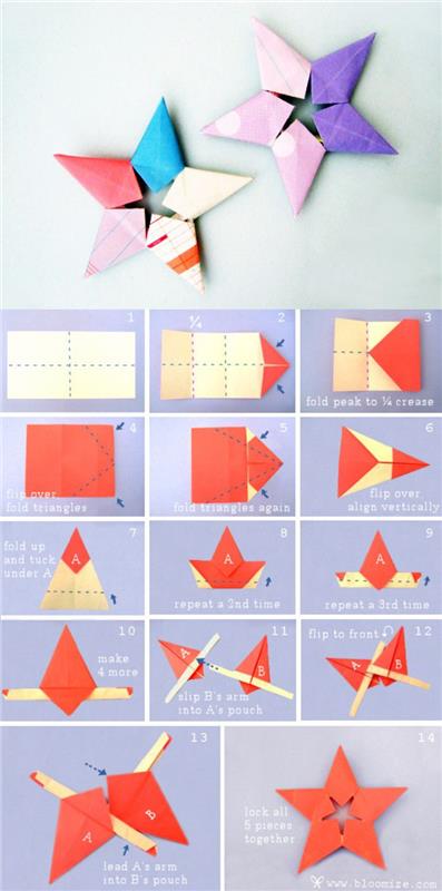 originálny viacfarebný model origami hviezdy, skladací list, aby ste urobili pekný model origami s krokmi na fotografiách