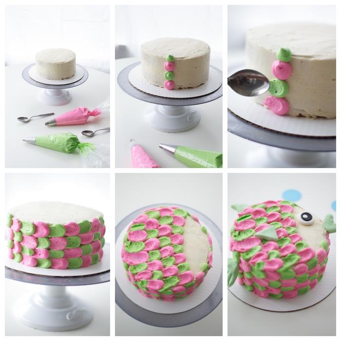 فكرة رائعة لعمل زينة عيد ميلاد مع كريمة ملونة على كعكة عيد ميلاد سمكة