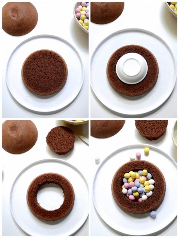 hur man gör en choklad pinata tårta med små choklad påskägg i mitten, lätt kupolformad choklad påsk tårta