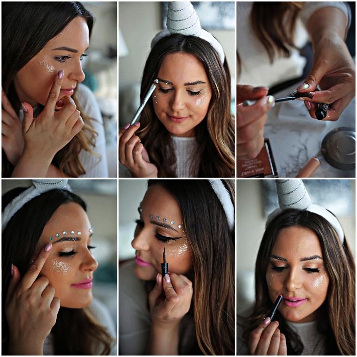 Halloween -sminkhandledning för att uppnå ett enkelt enhörningslook, glitter och iriserande smink för ett rent enhörningslook