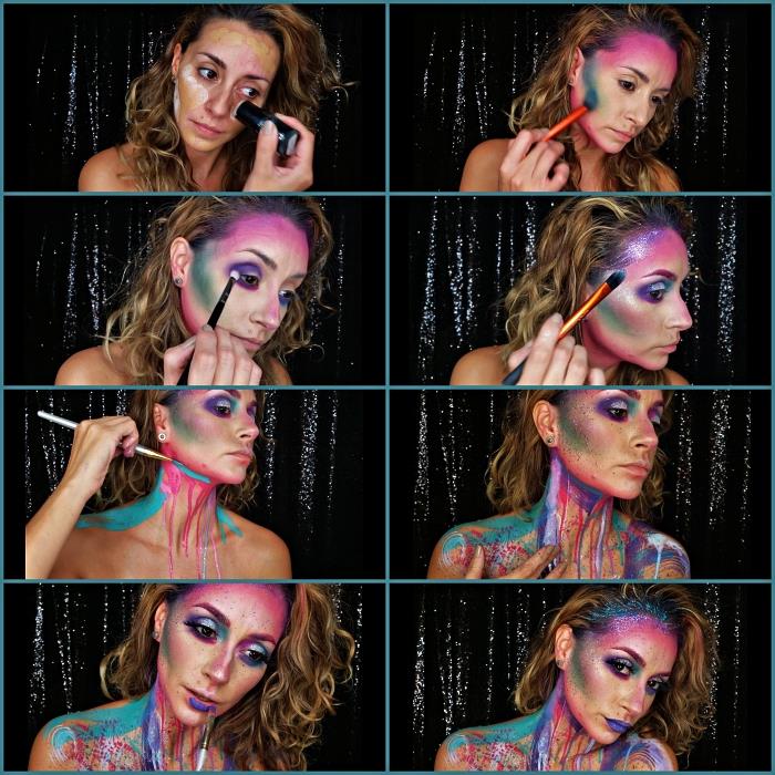 Halloween -sminkhandledning för att uppnå ett enhörningslook i flashiga nyanser med färgflödande effekt på nacken