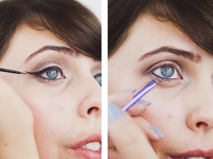 tipy na líčenie, ako naniesť tekuté čierne očné linky, makeup na modré oči s hnedými tieňmi a čiernou očnou linkou