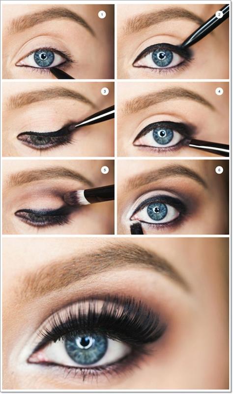 vardagsmakeup, svarta falska ögonfransar, blonda ögonbryn, blå ögon, svart eyeliner