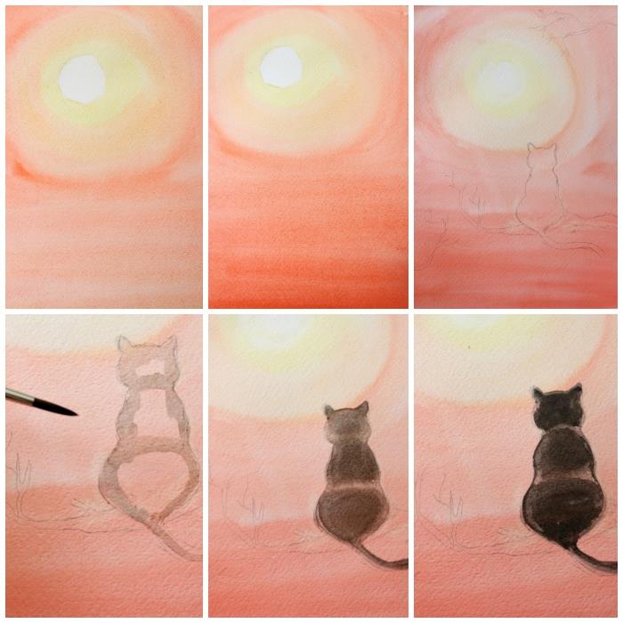 handledning för akvarellmålning för nybörjare, handledning för att måla en svart katt som ligger på en gren som vetter mot fullmånen