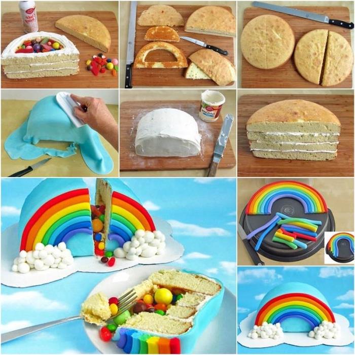 originalidé för en födelsedagstårta för barn i form av en regnbåge fylld med godis bestående av lager av sockerkaka skuren i hälften