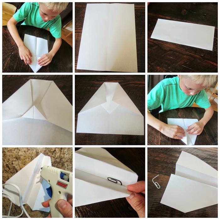 zábavná ručná činnosť so skladaním origami lietadla a výrobou odpaľovača lietadiel z gumičky