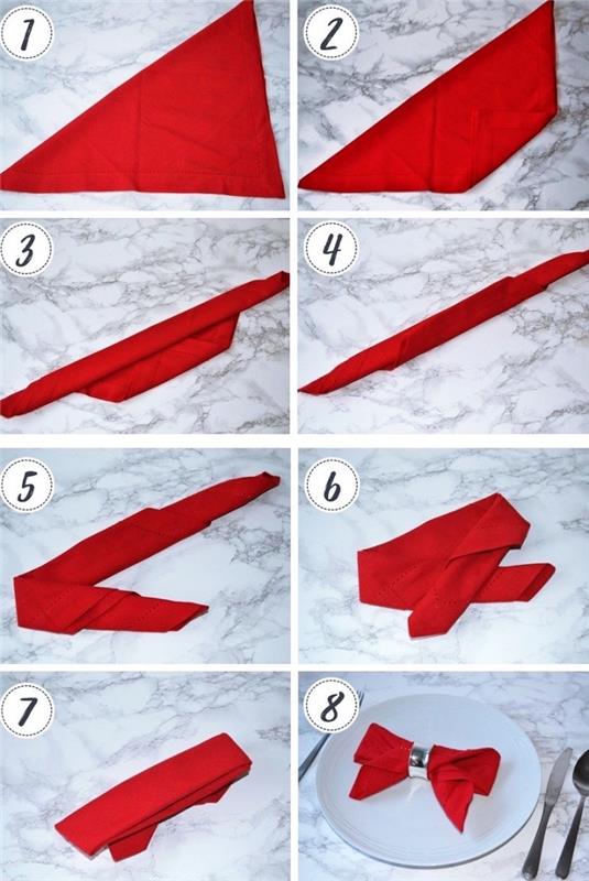 kroky, ktoré treba vykonať, aby ste urobili peknú dekoráciu stola so skladacím papierovým alebo látkovým obrúskom, červeným modelom obrúska v tvare motýľa
