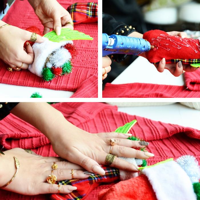 DIY návodné fotky gýča a škaredého vianočného svetra s lepenými predmetmi