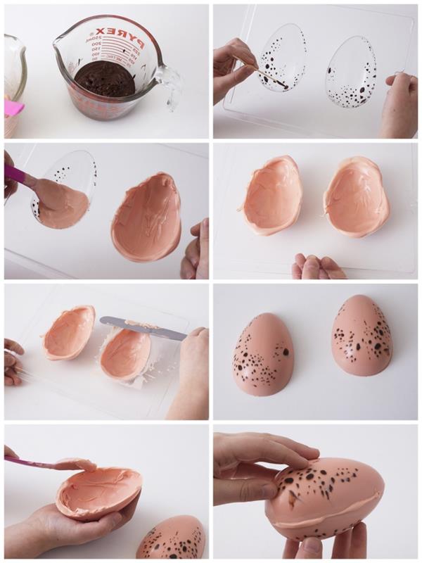 lätt påskboxtårdsdekoration av rosa formade ägg, enkel teknik för att forma fläckiga påskägg i smält choklad