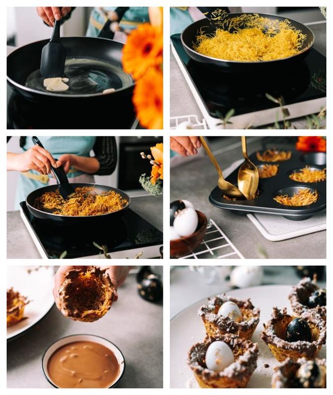 exempelvis paqued meal, idé till psques dessert, vermicelli bo, kondenserad mjölk och choklad med vaktelägg