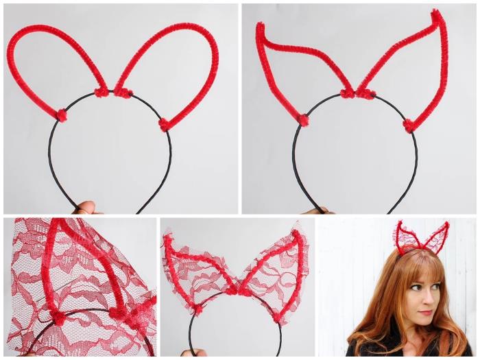 hur man gör ett djävulshorn pannband i röd spets och chenilletråd för en glamorös djävulskostym