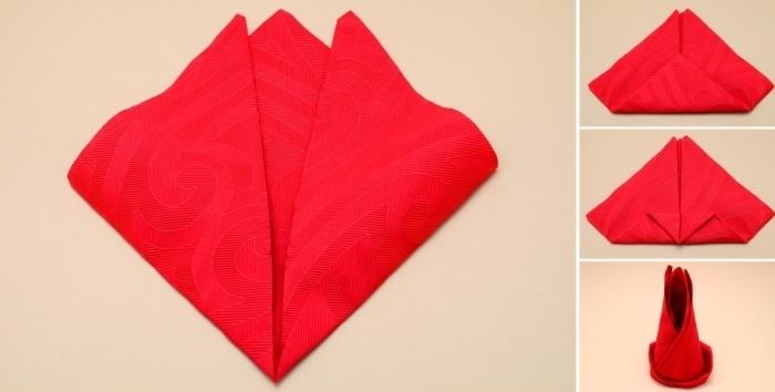 príklad, ako vyrobiť ozdobu stolu so skladaním origami, myšlienka skladania novoročného obrúska z červenej látky