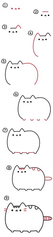 detaljerad steg för steg för att göra söta kawaii -kattritningar, lär barn att rita enkelt med penna