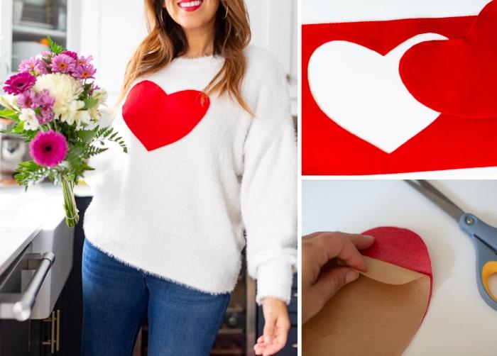 tutorial personalizovaný darček k valentínskemu prekvapeniu žena nadýchaný sveter s veľkým červeným plsteným srdcom