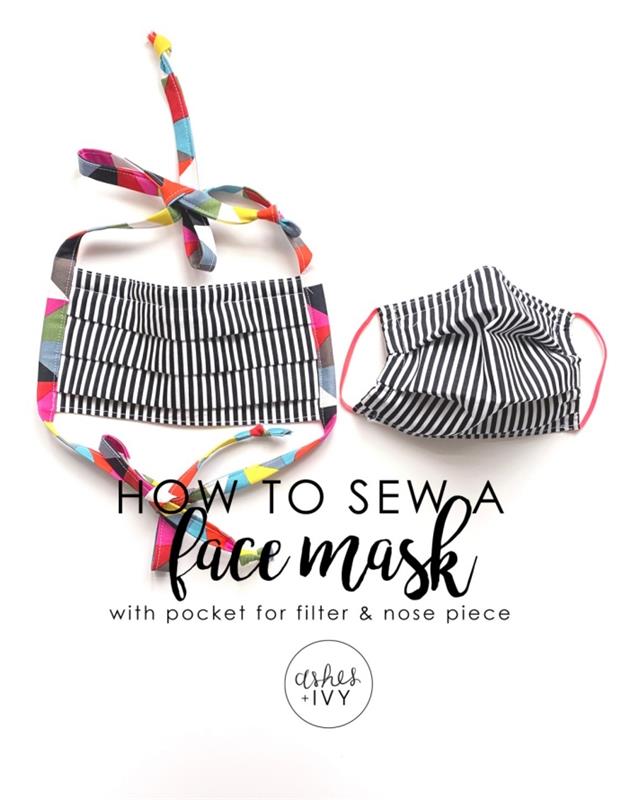 DIY -ansiktsmaskmodell med tyg, exempel på coronavirusmask med filterficka och mångfärgad resår