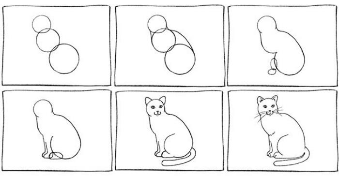 steg för att rita en svartvit katt med blyertspenna, steg för steg för att rita en sittande katt med geometriska former