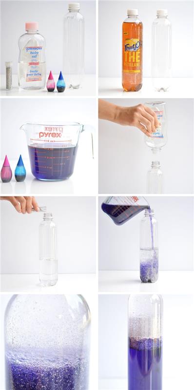 hur man gör en flaska med galaxeffekt med vatten och babyolja, enkel och snabb handledning i klassrummet med montessori