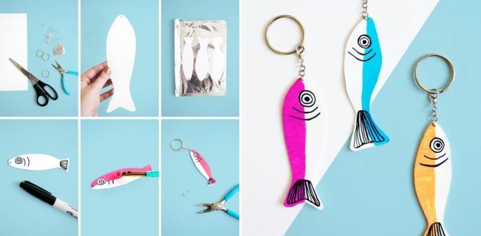 DIY Fathers Day Småbarn exempel hur man gör en nyckelring för pappa fiske med kreativa blad fisk