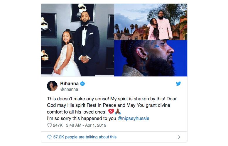 skärmdump rihanna tweet om Nipsey Hussles död sköts i skottlossningen i Los Angeles