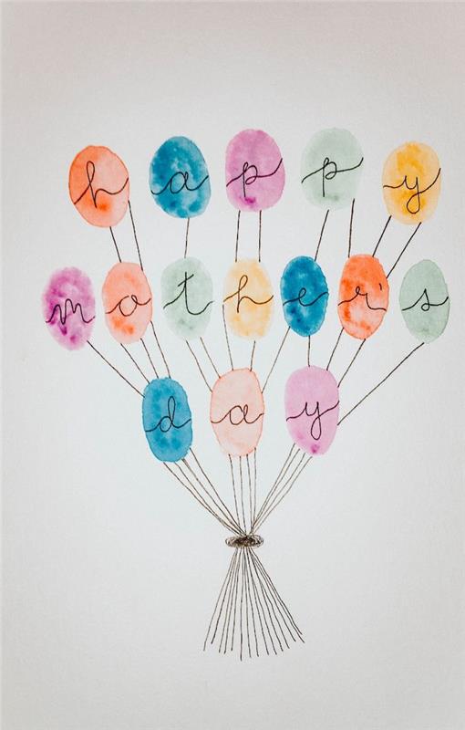 akvarelová kresba s balónikmi a posolstvom ku dňu matiek