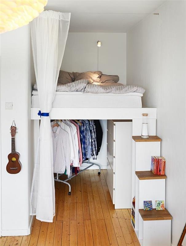 ett vackert vardagsrum med golv och en vacker säng för sovrummet med platsbesparande möbler