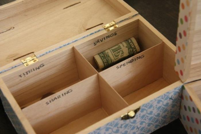 personalizovaná drevená krabica s papierom na decoupage, rôzne priehradky na rôzne úspory, jednoduché kutilstvo