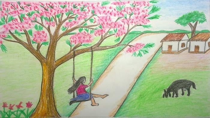 Flicka på sväng i hennes bakgård, tittar på vårens skönhet och hennes lanthus ritväg