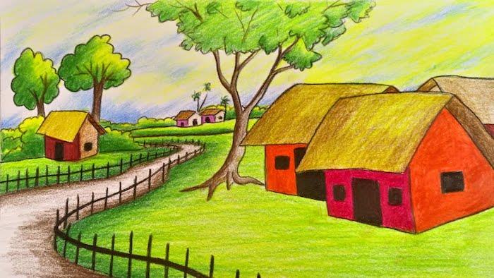 Röda hus och gröna fält, lantritning, lätt teckningside, cool bild för att inspirera dig att rita