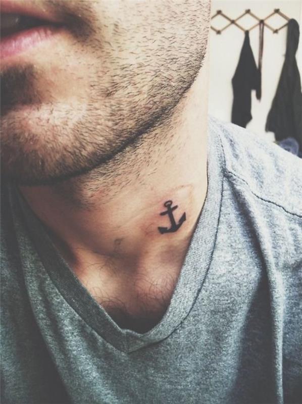 Tatuaggio sul collo, uomo con barba, tetovanie ancora sul collo