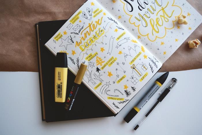 hur du anpassar din dagbok, idé om att dekorera sidor i en dagbok med svarta och gula pennor och markörer