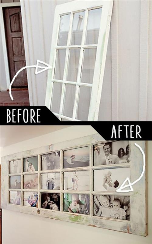väggdekoration med gammalt fönster, foton bifogade istället för glasrutor på en vit vintage dörr