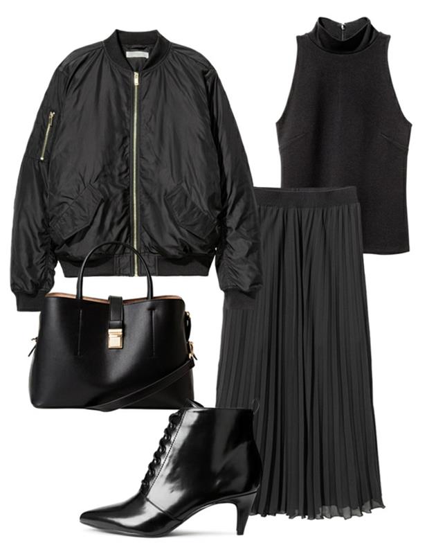 ako nosiť čierny kabát, čiernu tašku, čiernu lakovanú topánku, dlhú skladanú sukňu,