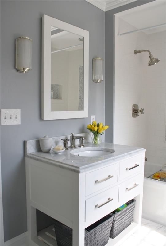 vilken färg att associera grått med i ett litet modernt badrum, förvaring under vit handfat