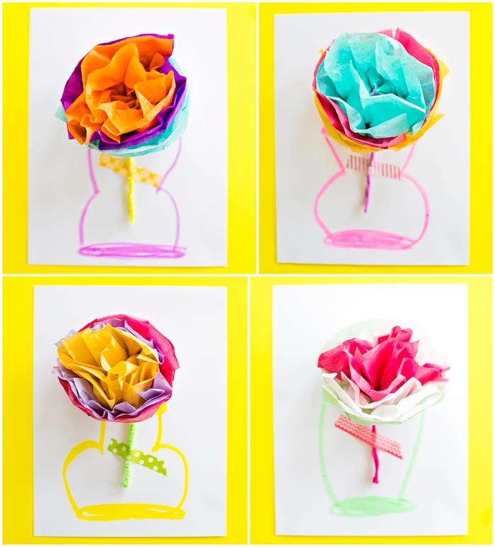 šablóna karty ku dňu matiek, aby ste si vyrobili farebné kvety z hodvábneho papiera so stonkami na čistenie rúrok a vázou nakreslenou na papieri
