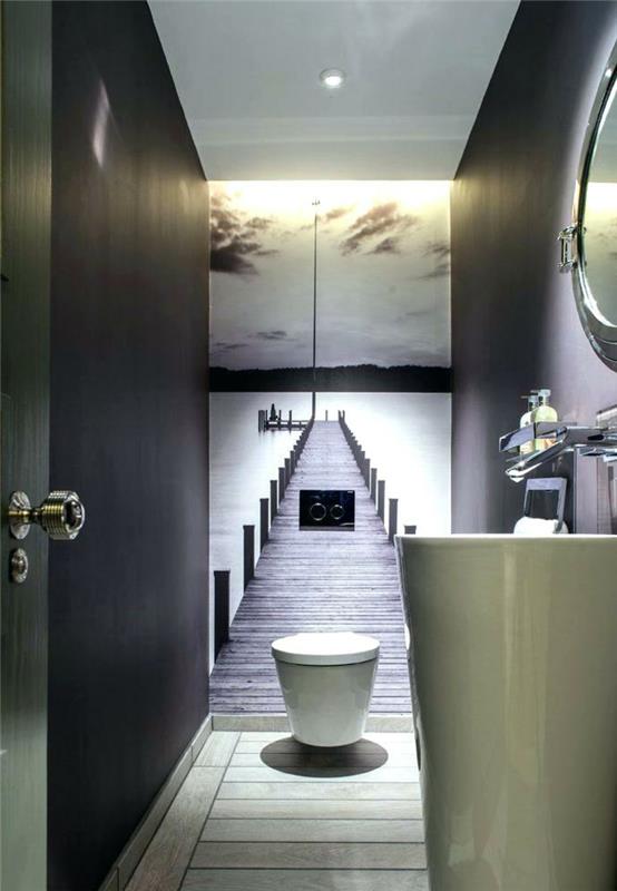 sivá a biela dekorácia toalety, nástenný plagát trompe l'oeil, stĺpové umývadlo, okrúhle zrkadlo, čierna farba na WC